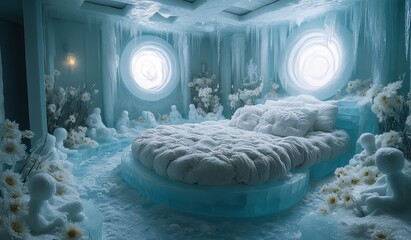 A stunning ice bed in a beautifully crafted icy room, featuring intricate blue walls and delicate white figures