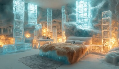 An enchanting ice bedroom with snow-crystal walls and fur accents illuminated by soft light in a unique S-shape