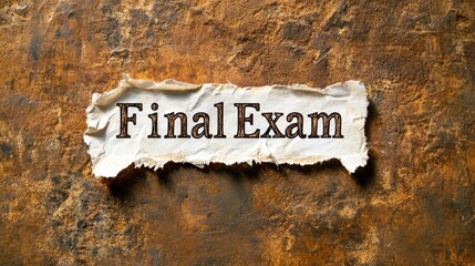A closeup of a torn piece of white paper displaying the words Final Exam against a rustic textured background, emphasizing the importance of exam preparation