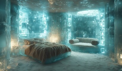 Unique ice bedroom design features an S-shaped layout with fur bedding and glowing lettered blocks