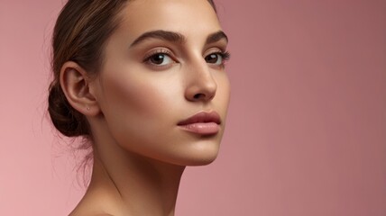 Fototapeta premium Beautiful young woman with perfect skin posing on pink background