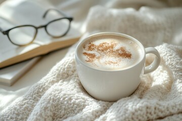 Cozy white coffee cup filled with latte, sprinkled with cinnamon, on soft knitted blanket with glasses, book, relaxation concept