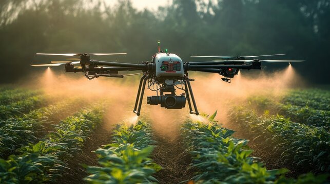Drone spraying fertilizer on vegetable green plants, Drone flying and spraying fertilizer on the agriculture fields, Agriculture technology.