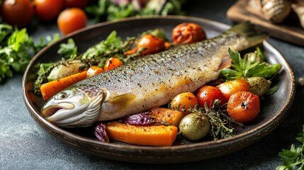 A beautifully baked sea trout fillet is elegantly presented on a plate, accompanied by a colorful array of roasted vegetables and fresh herbs, creating an appetizing dish