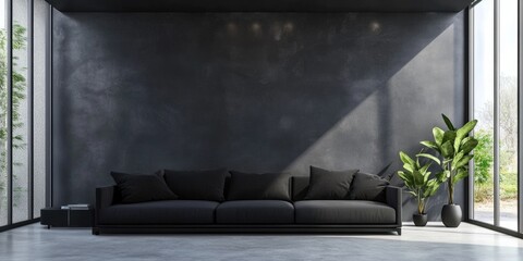 Luxury Scandinavian Living Room with Black Sofa and Grey Wall. Modern Interior Design Concept
