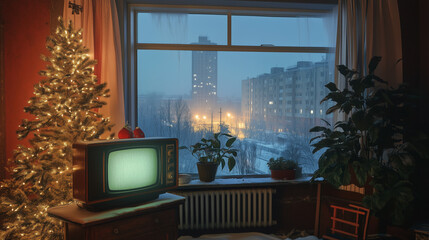 Cozy Holiday Scene in a Soviet Apartment with Retro TV and Snow Falling Outside