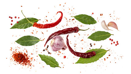 Aroma spice card: dried red hot chilli peppers, cloves garlic, mix peppercorn and bay leaves....