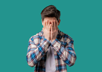Worried man, panic despair gesture, like no, I forgot. Facepalm,covered face guy