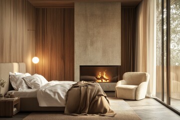 Obraz premium Contemporary Bedroom Interior with Cozy Fireplace, Armchair, and Panoramic Window