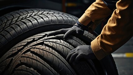 Fototapeta premium mechanic hands holding a new car tire at the shop, isolated on a black background, Replacement of winter and summer tires.