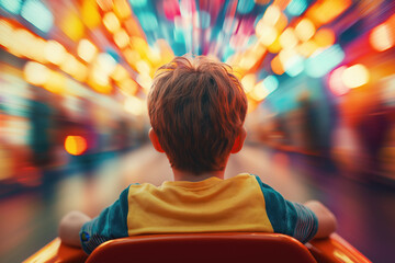 Fototapeta premium Rear view of a child on a neon-lit amusement ride with vibrant colors and motion blur