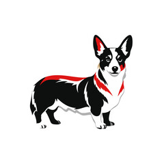 Stylized Corgi Dog Illustration in Black, White, and Red Colors, Bold Graphic Design