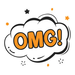 OMG Text in Black Speech Bubble with Orange Stars, Fun Comic Style