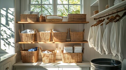 A farmhouse-style laundry room with open shelving, wicker laundry baskets, and vintage wash tubs under a sunny window