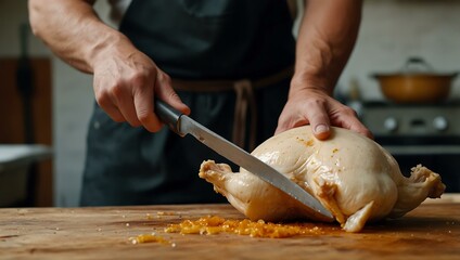 Yet another view of a man cutting chicken fat.