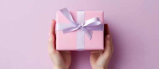 Pink Gift Box With Lavender Ribbon Held In Hands