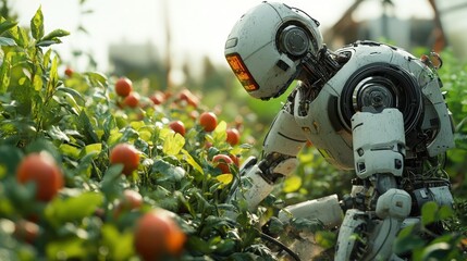 Smart agriculture farming concept, robot farmers, Agriculture technology, Agricultural robots work in smart farms.