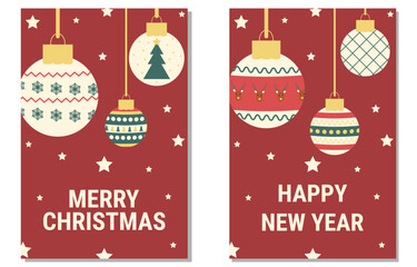 Set of Merry Christmas greeting card and Happy New Year. Vector banner, holiday cover.