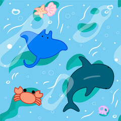 a seamless pattern background of cute stingray and shark cartoon