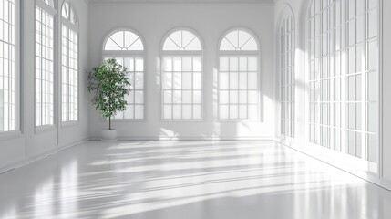 Obraz premium Spacious and bright interior with large windows, a modern aesthetic, and a touch of greenery, perfect for creative projects.