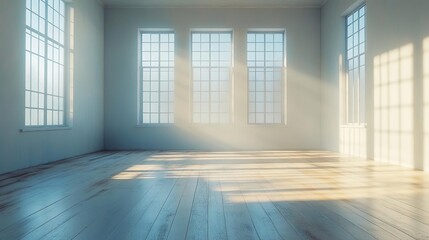 Obraz premium Bright, spacious room with wooden floor and large windows, showcasing natural light streaming in, perfect for interior design.
