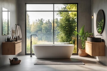 Fototapeta premium Modern Countryside Bathroom with Panoramic Window and Elegant Design
