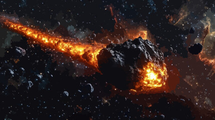 Fototapeta premium Massive Asteroid with Fire Trail Streaking Through Space