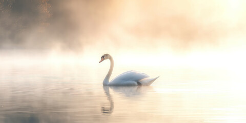 A swan is swimming in a lake with fog in the background