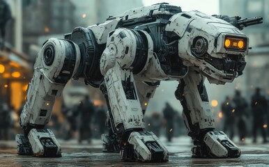 Futuristic robot dog with advanced weaponry stands guard in bustling city square at dusk