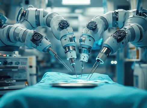 Close-up of robotic arms assisting a surgeon during a delicate medical procedure on a patient in a hospital setting