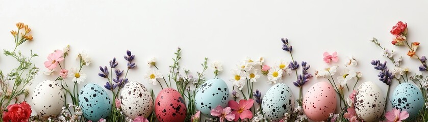 Colorful Easter eggs surrounded by vibrant flowers, creating a joyful and festive spring ambiance for celebrations.