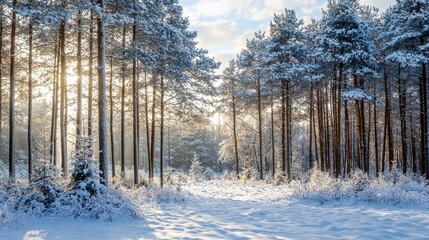 Obraz premium A serene forest scene featuring tall pine trees blanketed in snow, creating a tranquil winter atmosphere. This picturesque backdrop is ideal for winter or holiday-themed projects