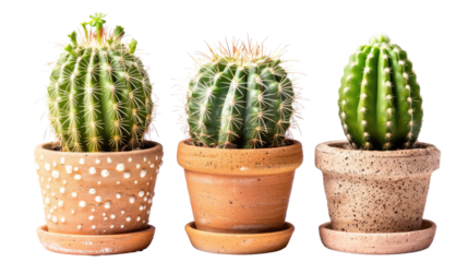 Cactus icons on transparent background. Home plants cactus in pots and with flowers. A variety of decorative cactus with prickles and without. 