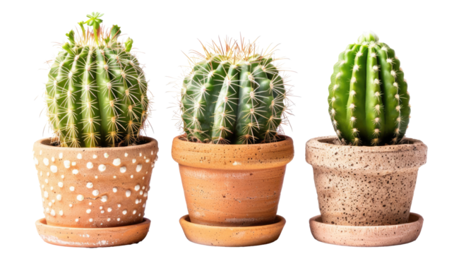 Cactus icons on transparent background. Home plants cactus in pots and with flowers. A variety of decorative cactus with prickles and without. 