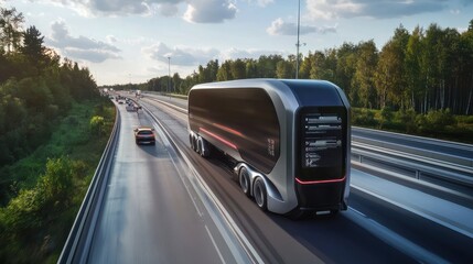 An autonomous truck that drives on highways with a futuristic user interface