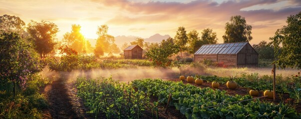 A farmhouse garden at sunrise, with mist hovering over a vegetable patch, a wooden greenhouse in the distance, and a small orchard of fruit trees