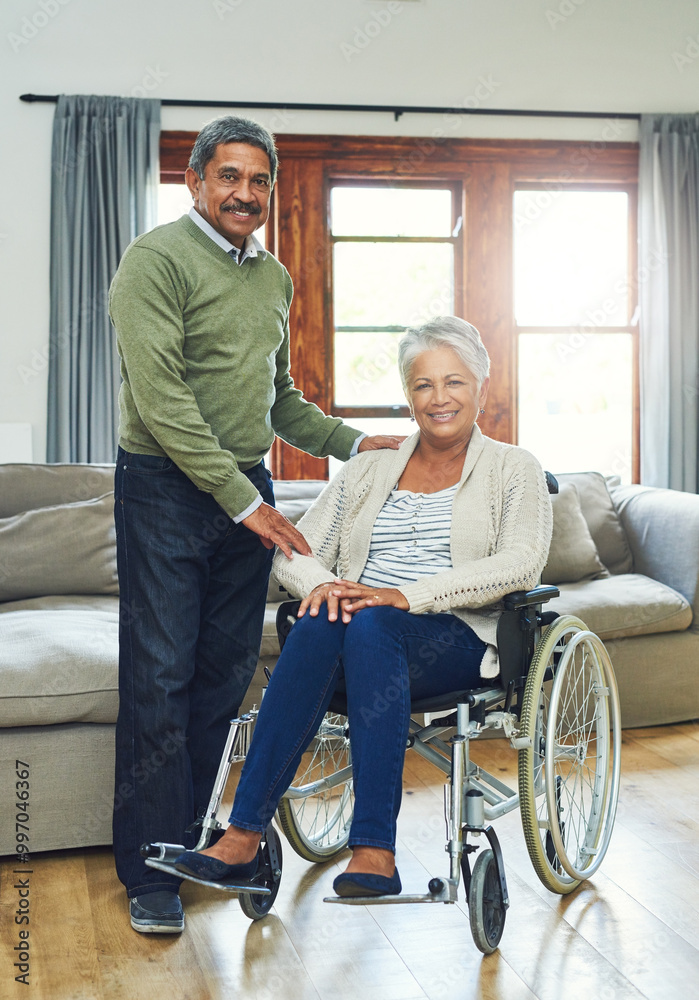 Wall mural Senior couple, portrait and woman in wheelchair with smile for marriage, love or recovery support. Happy, man and person with a disability at home for rehabilitation, care or commitment in retirement