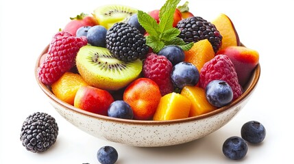 Obraz premium A bowl filled with colorful fruits, isolated on a white background. A healthy and refreshing summer meal.