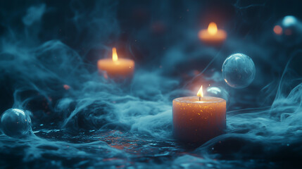 Candles. A spooky scene with floating candles and ghostly orbs. Halloween