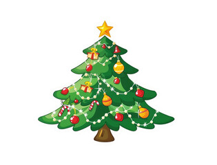 Christmas tree with different decorations and gifts isolated on transparent background. Winter Holidays concept with balls, lights, icicle decor in cartoon style