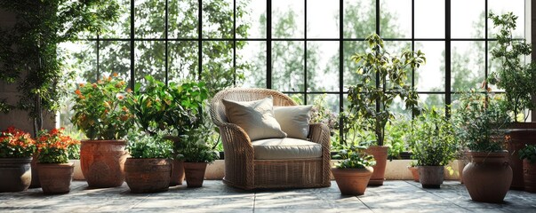 A farmhouse garden room with large windows, an array of potted plants, and a comfortable rattan chair perfect for reading and enjoying the view