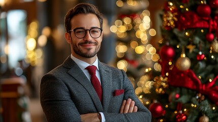 A man in a suit and tie stands in front of a Christmas tree