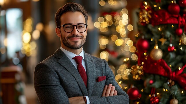 A man in a suit and tie stands in front of a Christmas tree