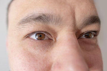 Intense gaze, Male Brown Eyes close-up, young Caucasian man looking, Masculine beauty, vision examination, myopia, eye fatigue, color perception