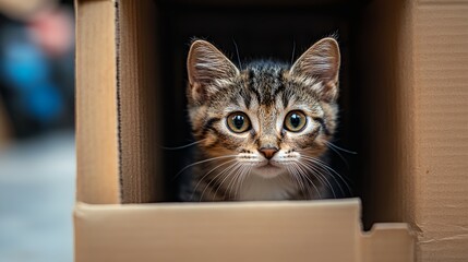 a kitten is looking out of a cardboard box