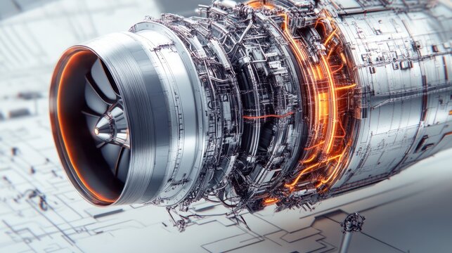 Detailed technical drawing of an aircraft engine with intricate wiring and mechanical parts.