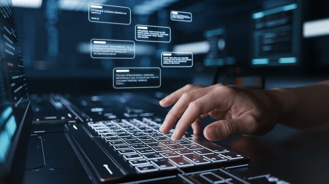 A cinematic shot of a human hand typing on a futuristic, holographic keyboard with glowing words floating above, representing AI prompts.