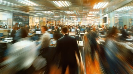 Inside of a Busy office ,depiction of a busy office rush hour day , Motion blur captures the busy life .