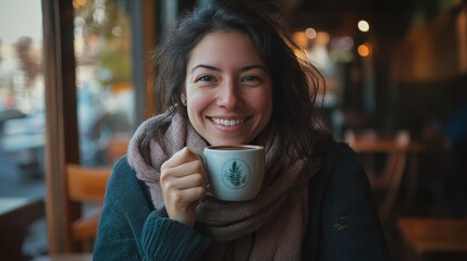 Woman enjoying hot cocoa in cozy cafe with soft lighting and warm fabrics creating a relaxed vibe