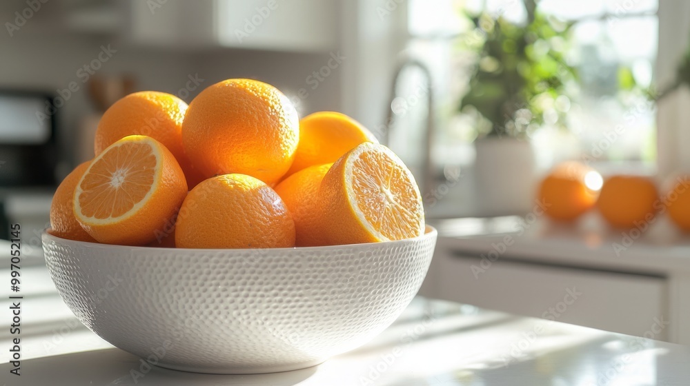 Canvas Prints A bowl of fresh oranges lit by sunlight in a bright kitchen.